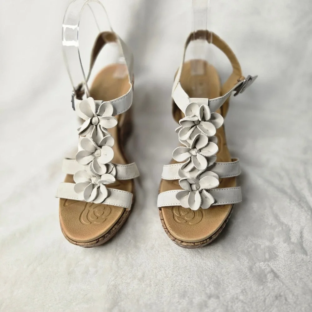White Floral Wedge Sandals Cork Platform Strappy Summer Shoes Women Size 8